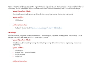 focus our action and resources on the highest risk and highest value to the businesses where our differentiated
capability makes the biggest impact. We will meet the businesses where they are, support and challenge.
Typical Majors/Field of Study:
Chemical Engineering, Engineering – Other, Environmental Engineering, Mechanical Engineering
Typical Job Titles:
• HSSE Engineer
Additional Information:
• The Safety Case at Shell: https://www.youtube.com/watch?v=J0CAlxVDwxk
Technology
P&T Technology integrates and consolidates our technological capability and expertise. Technology is built
around the customer, deep technical expertise and data.
Typical Majors/Field of Study:
Data Science, Chemical Engineering, Chemistry, Engineering – Other, Environmental Engineering, Mechanical
Engineering
Typical Job Titles:
• Data Scientist
• Materials and Corrosion Engineer
• Process Modeler
• Researcher
Additional Information:
 