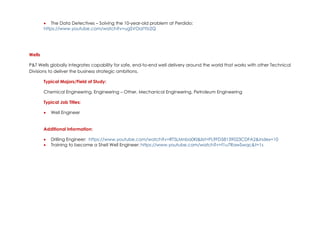 • The Data Detectives – Solving the 10-year-old problem at Perdido:
https://www.youtube.com/watch?v=ugSVOatYb2Q
Wells
P&T Wells globally integrates capability for safe, end-to-end well delivery around the world that works with other Technical
Divisions to deliver the business strategic ambitions.
Typical Majors/Field of Study:
Chemical Engineering, Engineering – Other, Mechanical Engineering, Petroleum Engineering
Typical Job Titles:
• Well Engineer
Additional Information:
• Drilling Engineer: https://www.youtube.com/watch?v=RT5LMnba0KI&list=PL9FD58139023CDFA2&index=10
• Training to become a Shell Well Engineer: https://www.youtube.com/watch?v=f1u7RawSwqc&t=1s
 