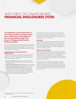 This publication and the description of
our energy transition strategy are part
of our continuing work to implement
the recommendations of the Task
Force on Climate-related Financial
Disclosures (TCFD).
We assess our portfolio decisions, including investments and divestments,
against the risks and opportunities associated with climate change and
the energy transition. These include for example, policy actions such as
higher regulatory costs linked to carbon emissions and demand changes
which lower demand for oil and gas.
MANAGING CLIMATE-RELATED RISKS AND
OPPORTUNITIES
Our approach to assessing and managing the risks and opportunities
associated with climate change includes considering different time
horizons. The time horizons and their relevance to risks, opportunities
and business planning are as follows:
	
■ Short term (up to three years): we develop detailed financial
projections and use them to manage performance and expectations
on a three-year cycle.
	
■ Medium term (generally three to 10 years): most of our expected
production and earnings in this period come from our existing assets.
	
■ Long term (generally beyond 10 years): for this period, it is
expected that the current Shell portfolio will change and evolve
with the energy transition. Decision-making and risk identification
on the thematic structure of the future portfolio are guided by the
pace of society's progress and the aim of being in step with society
as it moves towards the goals of the Paris Agreement.
The overall climate change risk consists of four components, based
on the nature of our exposure and the options for our mitigation
responses. The four components are regulatory risks, commercial risks,
physical risks and societal risks. We provide more details about how
we manage these in our Annual Report.
SCENARIOS
Our portfolio and strategy have been assessed against a wide range
of outlooks. These include the potential impacts of various possible
energy transition pathways, and changes in societal expectations
around climate change. Our latest set of Shell scenarios [R] was one
of the many variables used in guiding our updated strategy which
we announced in February 2021.
SENSITIVITY TO OIL PRICES
We estimate that a $10 per barrel change in oil prices would have an
impact of roughly $6 billion per year on our cash flow from operations.
Of this, $4 billion would come from Upstream and $2 billion from our
Integrated Gas business. Cash flows from our Growth pillar and
Chemicals and Products businesses have limited exposure to commodity
prices and so are not included in this calculation. This is an indicative
estimate and not a prediction.
Based on this assumption, if the oil price sustainably increased by
around $15 per barrel, as it did in January and February 2021, that
would be expected to create an additional $9 billion in medium-term
cash flow per year from operations from our Upstream and Integrated
Gas businesses. Similarly, a $15 fall in the oil price would be expected
to result in a $9 billion reduction in cash flow from operations per year
in the medium term.

TASK FORCE ON CLIMATE-RELATED
FINANCIAL DISCLOSURES (TCFD)
[R]	 https://www.shell.com/energy-and-innovation/the-energy-future/scenarios/the-energy-
transformation-scenarios
28 Shell Energy Transition Strategy 2021
 