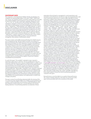 CAUTIONARY NOTE
The companies in which Royal Dutch Shell plc directly and indirectly owns
investments are separate legal entities. In this report “Shell”, “Shell Group”
and “Group” are sometimes used for convenience where references are made
to Royal Dutch Shell plc and its subsidiaries in general. Likewise, the words
“we”, “us” and “our” are also used to refer to Royal Dutch Shell plc and its
subsidiaries in general or to those who work for them. These terms are also
used where no useful purpose is served by identifying the particular entity or
entities. “Subsidiaries”, “Shell subsidiaries” and “Shell companies” as used in
this report refer to entities over which Royal Dutch Shell plc either directly or
indirectly has control. Entities and unincorporated arrangements over which
Shell has joint control are generally referred to as “joint ventures” and “joint
operations”, respectively. Entities over which Shell has significant influence
but neither control nor joint control are referred to as “associates”. The term
“Shell interest” is used for convenience to indicate the direct and/or indirect
ownership interest held by Shell in an entity or unincorporated joint
arrangement, after exclusion of all third-party interest.
This report contains certain following forward-looking Non-GAAP measures
such as adjusted earnings. We are unable to provide a reconciliation of
these forward-looking Non-GAAP measures to the most comparable GAAP
financial measures because certain information needed to reconcile those
Non-GAAP measures to the most comparable GAAP financial measures
is dependent on future events some of which are outside the control of the
company, such as oil and gas prices, interest rates and exchange rates.
Moreover, estimating such GAAP measures with the required precision
necessary to provide a meaningful reconciliation is extremely difficult
and could not be accomplished without unreasonable effort. Non-GAAP
measures in respect of future periods which cannot be reconciled to the most
comparable GAAP financial measure are calculated in a manner which is
consistent with the accounting policies applied in Royal Dutch Shell plc’s
consolidated financial statements.
As used in this report, “Accountable” is intended to mean: required or
expected to justify actions or decisions. The Accountable person does not
necessarily implement the action or decision (implementation is usually carried
out by the person who is Responsible) but must organise the implementation
and verify that the action has been carried out as required. This includes
obtaining requisite assurance from Shell companies that the framework is
operating effectively. “Responsible” is intended to mean: required or expected
to implement actions or decisions. Each Shell company and Shell-operated
venture is responsible for its operational performance and compliance with
the Shell General Business Principles, Code of Conduct, Statement on Risk
Management and Risk Manual, and Standards and Manuals. This includes
responsibility for the operationalisation and implementation of Shell Group
strategies and policies.
This report contains forward-looking statements (within the meaning of the
U.S. Private Securities Litigation Reform Act of 1995) concerning the financial
condition, results of operations and businesses of Shell. All statements other
than statements of historical fact are, or may be deemed to be, forward-
looking statements. Forward-looking statements are statements of future
expectations that are based on management’s current expectations and
assumptions and involve known and unknown risks and uncertainties that could
cause actual results, performance or events to differ materially from those
expressed or implied in these statements. Forward-looking statements include,
among other things, statements concerning the potential exposure of Shell to
market risks and statements expressing management’s expectations, beliefs,
estimates, forecasts, projections and assumptions. These forward-looking
statements are identified by their use of terms and phrases such as “aim”,
“ambition”, “anticipate”, “believe”, “could”, “estimate”, “expect”, “goals”,
“intend”, “may”, “milestones”, “objectives”, “outlook”, “plan”, “probably”,
“project”, “risks”, “schedule”, “seek”, “should”, “target”, “will” and similar terms
and phrases. There are a number of factors that could affect the future
operations of Shell and could cause those results to differ materially from those
expressed in the forward-looking statements included in this report, including
(without limitation): (a) price fluctuations in crude oil and natural gas; (b)
changes in demand for Shell’s products; (c) currency fluctuations; (d) drilling
and production results; (e) reserves estimates; (f) loss of market share and
industry competition; (g) environmental and physical risks; (h) risks associated
with the identification of suitable potential acquisition properties and targets,
and successful negotiation and completion of such transactions; (i) the risk of
doing business in developing countries and countries subject to international
sanctions; (j) legislative, fiscal and regulatory developments including
regulatory measures addressing climate change; (k) economic and financial
market conditions in various countries and regions; (l) political risks, including
the risks of expropriation and renegotiation of the terms of contracts with
governmental entities, delays or advancements in the approval of projects
and delays in the reimbursement for shared costs; (m) risks associated with the
impact of pandemics, such as the COVID-19 (coronavirus) outbreak; and (n)
changes in trading conditions. No assurance is provided that future dividend
payments will match or exceed previous dividend payments. All forward-
looking statements contained in this report are expressly qualified in their
entirety by the cautionary statements contained or referred to in this section.
Readers should not place undue reliance on forward-looking statements.
Additional risk factors that may affect future results are contained in Royal
Dutch Shell plc’s Form 20-F for the year ended December 31, 2020 (available
at www.shell.com/investor and www.sec.gov). These risk factors also expressly
qualify all forward-looking statements contained in this report and should be
considered by the reader. Each forward-looking statement speaks only as of
the date of this report, April 15, 2021. Neither Royal Dutch Shell plc nor any
of its subsidiaries undertake any obligation to publicly update or revise any
forward-looking statement as a result of new information, future events or
other information. In light of these risks, results could differ materially from
those stated, implied or inferred from the forward-looking statements
contained in this report.
Past performance cannot be relied on as a guide to future performance.
The content of websites referred to in this report do not form part of this
report and are provided only for the convenience of the reader.
DISCLAIMER
32 Shell Energy Transition Strategy 2021
 