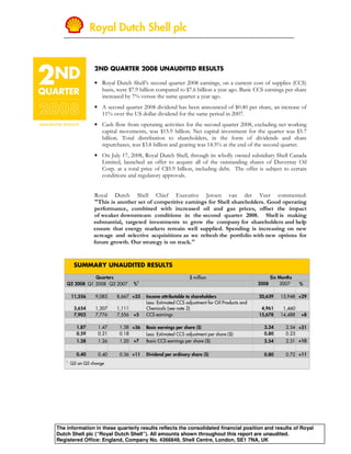 Royal Dutch Shell plc


                  2ND QUARTER 2008 UNAUDITED RESULTS

                  • Royal Dutch Shell’s second quarter 2008 earnings, on a current cost of supplies (CCS)
                    basis, were $7.9 billion compared to $7.6 billion a year ago. Basic CCS earnings per share
                    increased by 7% versus the same quarter a year ago.
                  • A second quarter 2008 dividend has been announced of $0.40 per share, an increase of
                    11% over the US dollar dividend for the same period in 2007.
                  • Cash flow from operating activities for the second quarter 2008, excluding net working
                    capital movements, was $15.9 billion. Net capital investment for the quarter was $5.7
                    billion. Total distribution to shareholders, in the form of dividends and share
                    repurchases, was $3.8 billion and gearing was 14.5% at the end of the second quarter.
                  • On July 17, 2008, Royal Dutch Shell, through its wholly owned subsidiary Shell Canada
                    Limited, launched an offer to acquire all of the outstanding shares of Duvernay Oil
                    Corp. at a total price of C$5.9 billion, including debt. The offer is subject to certain
                    conditions and regulatory approvals.


                  Royal Dutch Shell Chief Executive Jeroen van der Veer commented:
                  quot;This is another set of competitive earnings for Shell shareholders. Good operating
                  performance, combined with increased oil and gas prices, offset the impact
                  of weaker downstream conditions in the second quarter 2008. Shell is making
                  substantial, targeted investments to grow the company for shareholders and help
                  ensure that energy markets remain well supplied. Spending is increasing on new
                  acreage and selective acquisitions as we refresh the portfolio with new options for
                  future growth. Our strategy is on track.quot;


         SUMMARY UNAUDITED RESULTS

                                                             $ million
               Quarters                                                                              Six Months
                                   %1                                                                     2007
                                                                                              2008
    Q2 2008 Q1 2008 Q2 2007                                                                                       %

                   9,083   8,667 +33                                                                     15,948 +29
        11,556                          Income attributable to shareholders                   20,639
                                        Less: Estimated CCS adjustment for Oil Products and
                   1,307   1,111        Chemicals (see note 2)                                            1,460
         3,654                                                                                 4,961
                                        CCS earnings
                   7,776   7,556                                                                         14,488
         7,902                     +5                                                         15,678              +8

                    1.47    1.38 +36                                                                        2.54 +31
          1.87                                                                                  3.34
                                        Basic earnings per share ($)
                    0.21    0.18                                                                            0.23
          0.59                                                                                  0.80
                                        Less: Estimated CCS adjustment per share ($)
                                        Basic CCS earnings per share ($)
                                   +7                                                                       2.31 +10
                    1.26    1.20
          1.28                                                                                  2.54

                    0.40    0.36 +11
          0.40                          Dividend per ordinary share ($)                                     0.72 +11
                                                                                                0.80
    1
        Q2 on Q2 change




The information in these quarterly results reflects the consolidated financial position and results of Royal
Dutch Shell plc (“Royal Dutch Shell”). All amounts shown throughout this report are unaudited.
Registered Office: England, Company No. 4366849, Shell Centre, London, SE1 7NA, UK
 