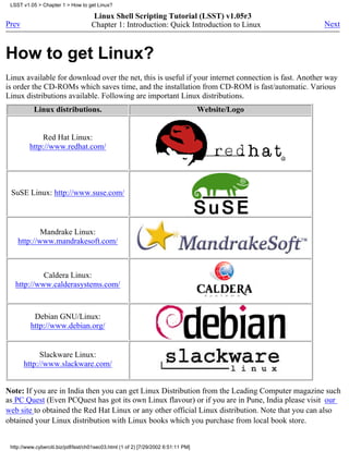 LSST v1.05 > Chapter 1 > How to get Linux?

                                     Linux Shell Scripting Tutorial (LSST) v1.05r3
Prev                                 Chapter 1: Introduction: Quick Introduction to Linux            Next



How to get Linux?
Linux available for download over the net, this is useful if your internet connection is fast. Another way
is order the CD-ROMs which saves time, and the installation from CD-ROM is fast/automatic. Various
Linux distributions available. Following are important Linux distributions.
           Linux distributions.                                                     Website/Logo


             Red Hat Linux:
         http://www.redhat.com/




 SuSE Linux: http://www.suse.com/



            Mandrake Linux:
    http://www.mandrakesoft.com/



            Caldera Linux:
   http://www.calderasystems.com/



           Debian GNU/Linux:
          http://www.debian.org/


             Slackware Linux:
       http://www.slackware.com/


Note: If you are in India then you can get Linux Distribution from the Leading Computer magazine such
as PC Quest (Even PCQuest has got its own Linux flavour) or if you are in Pune, India please visit our
web site to obtained the Red Hat Linux or any other official Linux distribution. Note that you can also
obtained your Linux distribution with Linux books which you purchase from local book store.


 http://www.cyberciti.biz/pdf/lsst/ch01sec03.html (1 of 2) [7/29/2002 6:51:11 PM]
 