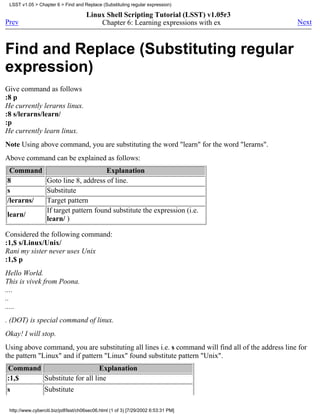 LSST v1.05 > Chapter 6 > Find and Replace (Substituting regular expression)

                                      Linux Shell Scripting Tutorial (LSST) v1.05r3
Prev                                      Chapter 6: Learning expressions with ex                   Next



Find and Replace (Substituting regular
expression)
Give command as follows
:8 p
He currently lerarns linux.
:8 s/lerarns/learn/
:p
He currently learn linux.
Note Using above command, you are substituting the word "learn" for the word "lerarns".
Above command can be explained as follows:
 Command                        Explanation
8         Goto line 8, address of line.
s         Substitute
/lerarns/ Target pattern
          If target pattern found substitute the expression (i.e.
learn/
          learn/ )

Considered the following command:
:1,$ s/Linux/Unix/
Rani my sister never uses Unix
:1,$ p
Hello World.
This is vivek from Poona.
....
..
.....
. (DOT) is special command of linux.
Okay! I will stop.
Using above command, you are substituting all lines i.e. s command will find all of the address line for
the pattern "Linux" and if pattern "Linux" found substitute pattern "Unix".
Command                      Explanation
:1,$    Substitute for all line
s                 Substitute

 http://www.cyberciti.biz/pdf/lsst/ch06sec06.html (1 of 3) [7/29/2002 6:53:31 PM]
 