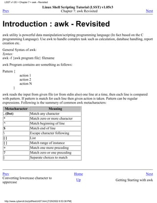 LSST v1.05 > Chapter 7 > awk - Revisited

                                      Linux Shell Scripting Tutorial (LSST) v1.05r3
Prev                                              Chapter 7: awk Revisited                                Next



Introduction : awk - Revisited
awk utility is powerful data manipulation/scripting programming language (In fact based on the C
programming Language). Use awk to handle complex task such as calculation, database handling, report
creation etc.
General Syntax of awk:
Syntax:
awk -f {awk program file} filename
awk Program contains are something as follows:
Pattern {
               action 1
               action 2
               action N
         }
awk reads the input from given file (or from stdin also) one line at a time, then each line is compared
with pattern. If pattern is match for each line then given action is taken. Pattern can be regular
expressions. Following is the summery of common awk metacharacters:
  Metacharacter                       Meaning
. (Dot)                   Match any character
*                         Match zero or more character
^                         Match beginning of line
$                         Match end of line
                         Escape character following
[]                        List
{}                        Match range of instance
+                         Match one more preceding
?                         Match zero or one preceding
|                         Separate choices to match



Prev                                                                  Home                                Next
Converting lowercase character to                                     Up              Getting Starting with awk
uppercase




 http://www.cyberciti.biz/pdf/lsst/ch07.html [7/29/2002 6:53:38 PM]
 