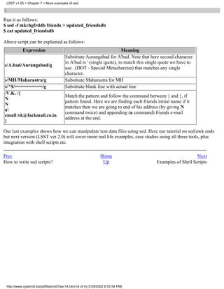 LSST v1.05 > Chapter 7 > More examples of sed

}
Run it as follows:
$ sed -f mkchgfrddb friends > updated_friendsdb
$ cat updated_friendsdb

Above script can be explained as follows:
            Expression                                                  Meaning
                                         Substitute Aurangabad for A'bad. Note that here second character
                                         in A'bad is ' (single quote), to match this single quote we have to
s/A.bad/Aurangabad/g
                                         use . (DOT - Special Metacharcter) that matches any single
                                         character.
s/MH/Maharastra/g                        Substitute Maharastra for MH
s/^$/==========/g                        Substitute blank line with actual line
/V.K. /{
                                         Match the pattern and follow the command between { and }, if
N
                                         pattern found. Here we are finding each friends initial name if it
N
                                         matches then we are going to end of his address (by giving N
a
                                         command twice) and appending (a command) friends e-mail
email:vk@fackmail.co.in
                                         address at the end.
}

Our last examples shows how we can manipulate text data files using sed. Here our tutorial on sed/awk ends
but next version (LSST ver 2.0) will cover more real life examples, case studies using all these tools, plus
integration with shell scripts etc.

Prev                                                             Home                                        Next
How to write sed scripts?                                         Up                     Examples of Shell Scripts




 http://www.cyberciti.biz/pdf/lsst/ch07sec14.html (4 of 4) [7/29/2002 6:53:54 PM]
 