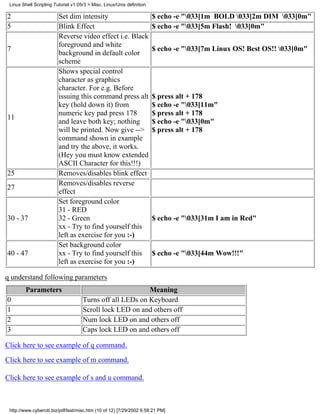Linux Shell Scripting Tutorial v1.05r3 > Misc. Linux/Unix definition

2                        Set dim intensity                              $ echo -e "033[1m BOLD 033[2m DIM 033[0m"
5                        Blink Effect                                   $ echo -e "033[5m Flash! 033[0m"
                         Reverse video effect i.e. Black
                         foreground and white
7                                                                       $ echo -e "033[7m Linux OS! Best OS!! 033[0m"
                         background in default color
                         scheme
                         Shows special control
                         character as graphics
                         character. For e.g. Before
                         issuing this command press alt                 $ press alt + 178
                         key (hold down it) from                        $ echo -e "033[11m"
                         numeric key pad press 178                      $ press alt + 178
11
                         and leave both key; nothing                    $ echo -e "033[0m"
                         will be printed. Now give -->                  $ press alt + 178
                         command shown in example
                         and try the above, it works.
                         (Hey you must know extended
                         ASCII Character for this!!!)
25                       Removes/disables blink effect
                         Removes/disables reverse
27
                         effect
                         Set foreground color
                         31 - RED
30 - 37                  32 - Green                                     $ echo -e "033[31m I am in Red"
                         xx - Try to find yourself this
                         left as exercise for you :-)
                         Set background color
40 - 47                  xx - Try to find yourself this                 $ echo -e "033[44m Wow!!!"
                         left as exercise for you :-)

q understand following parameters
         Parameters                                        Meaning
0                                    Turns off all LEDs on Keyboard
1                                    Scroll lock LED on and others off
2                                    Num lock LED on and others off
3                                    Caps lock LED on and others off

Click here to see example of q command.

Click here to see example of m command.

Click here to see example of s and u command.



 http://www.cyberciti.biz/pdf/lsst/misc.htm (10 of 12) [7/29/2002 6:58:21 PM]
 