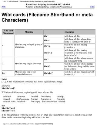LSST v1.05r3 > Chapter 2 > Wild cards (Filename Shorthand or meta Characters)

                                      Linux Shell Scripting Tutorial (LSST) v1.05r3
Prev                                  Chapter 2: Getting started with Shell Programming                         Next



Wild cards (Filename Shorthand or meta
Characters)

  Wild card
                                    Meaning                                         Examples
 /Shorthand
                                                                  $ ls *            will show all files
                                                                                    will show all files whose first
                                                                  $ ls a*
                                                                                    name is starting with letter 'a'
                    Matches any string or group of                                  will show all files having
*                                                  $ ls *.c
                    characters.                                                     extension .c
                                                                                    will show all files having
                                                                  $ ls ut*.c        extension .c but file name must
                                                                                    begin with 'ut'.
                                                                                    will show all files whose names
                                                                  $ ls ?
                                                                                    are 1 character long
?                   Matches any single character.                                   will show all files whose names
                                                                  $ ls fo?          are 3 character long and file name
                                                                                    begin with fo
                    Matches any one of the                                          will show all files beginning with
[...]                                                             $ ls [abc]*
                    enclosed characters                                             letters a,b,c

Note:
[..-..] A pair of characters separated by a minus sign denotes a range.
Example:
$ ls /bin/[a-c]*
Will show all files name beginning with letter a,b or c like
 /bin/arch        /bin/awk     /bin/bsh /bin/chmod          /bin/cp
 /bin/ash        /bin/basename /bin/cat   /bin/chown       /bin/cpio
 /bin/ash.static /bin/bash     /bin/chgrp /bin/consolechars /bin/csh
But
$ ls /bin/[!a-o]
$ ls /bin/[^a-o]
If the first character following the [ is a ! or a ^ ,then any character not enclosed is matched i.e. do not
show us file name that beginning with a,b,c,e...o, like

 http://www.cyberciti.biz/pdf/lsst/ch02sec11.html (1 of 2) [7/29/2002 6:51:58 PM]
 