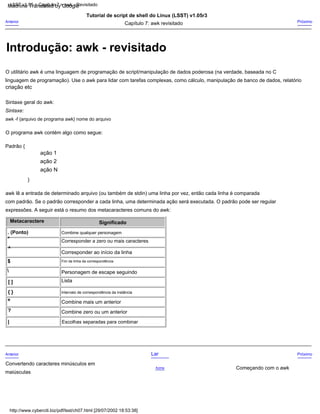 Padrão {
Corresponder a zero ou mais caracteres
^
Anterior
?
Escolhas separadas para combinar
Próximo
Capítulo 7: awk revisitado
Personagem de escape seguindo
awk -f {arquivo de programa awk} nome do arquivo
Significado
Tutorial de script de shell do Linux (LSST) v1.05r3
Sintaxe:
expressões. A seguir está o resumo dos metacaracteres comuns do awk:
criação etc
awk lê a entrada de determinado arquivo (ou também de stdin) uma linha por vez, então cada linha é comparada
*
Intervalo de correspondência da instância
maiúsculas

Anterior
O utilitário awk é uma linguagem de programação de script/manipulação de dados poderosa (na verdade, baseada no C
ação 2
Metacaractere
}
Próximo
ação 1
$
|
Começando com o awk
O programa awk contém algo como segue:
Combine qualquer personagem
Lista
+
Fim da linha da correspondência
Combine zero ou um anterior
Acima
com padrão. Se o padrão corresponder a cada linha, uma determinada ação será executada. O padrão pode ser regular
Corresponder ao início da linha
Combine mais um anterior
Sintaxe geral do awk:
Lar
Convertendo caracteres minúsculos em
linguagem de programação). Use o awk para lidar com tarefas complexas, como cálculo, manipulação de banco de dados, relatório
ação N
. (Ponto)
[ ]
{ }
LSST v1.05 > Capítulo 7 > awk - Revisitado
http://www.cyberciti.biz/pdf/lsst/ch07.html [29/07/2002 18:53:38]
Introdução: awk - revisitado
Machine Translated by Google
 