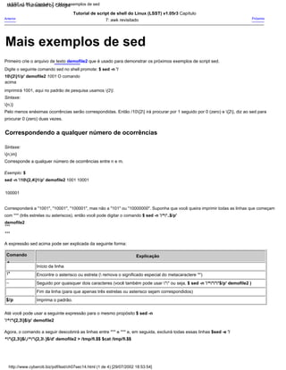 Até você pode usar a seguinte expressão para o mesmo propósito $ sed -n
'/^*{2,3}$/p' demofile2
Pelo menos enésimas ocorrências serão correspondidas. Então /10{2} irá procurar por 1 seguido por 0 (zero) e {2}, diz ao sed para
procurar 0 (zero) duas vezes.
Sintaxe:
{n,m}
Tutorial de script de shell do Linux (LSST) v1.05r3 Capítulo
7: awk revisitado
Explicação
Início da linha
Encontre o asterisco ou estrela ( remova o significado especial do metacaractere '*')
Seguido por quaisquer dois caracteres (você também pode usar ** ou seja, $ sed -n '/^***$/p' demofile2 )
Agora, o comando a seguir descobrirá as linhas entre *** e *** e, em seguida, excluirá todas essas linhas $sed -e '/
^*{2,3}$/,/^*{2,3 }$/d' demofile2 > /tmp/fi.$$ $cat /tmp/fi.$$
Digite o seguinte comando sed no shell promote: $ sed -n '/
10{2}1/p' demofile2 1001 O comando
acima
imprimirá 1001, aqui no padrão de pesquisa usamos {2}.
A expressão sed acima pode ser explicada da seguinte forma:
..
Comando
Sintaxe:
{n,}
$/p
***
Próximo
^
*
Primeiro crie o arquivo de texto demofile2 que é usado para demonstrar os próximos exemplos de script sed.
***
Corresponde a qualquer número de ocorrências entre n e m.
Fim da linha (para que apenas três estrelas ou asterisco sejam correspondidos)
Imprima o padrão.
Anterior
Exemplo: $
sed -n '/10{2,4}1/p' demofile2 1001 10001
100001
Corresponderá a "1001", "10001", "100001", mas não a "101" ou "10000000". Suponha que você queira imprimir todas as linhas que começam
com *** (três estrelas ou asteriscos), então você pode digitar o comando $ sed -n '/^*..$/p'
demofile2
Mais exemplos de sed
http://www.cyberciti.biz/pdf/lsst/ch07sec14.html (1 de 4) [29/07/2002 18:53:54]
LSST v1.05 > Capítulo 7 > Mais exemplos de sed
Correspondendo a qualquer número de ocorrências
Machine Translated by Google
 