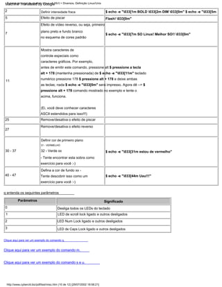 25
40 - 47
2
Efeito de piscar
5
Remove/desativa o efeito de piscar
30 - 37
0
2
(Ei, você deve conhecer caracteres
ASCII estendidos para isso!!!)
Defina a cor de fundo xx -
Tente descobrir isso como um
exercício para você :-)
$ echo -e "033[7m SO Linux! Melhor SO!! 033[0m"
Significado
31 - VERMELHO
LED Num Lock ligado e outros desligados
Efeito de vídeo reverso, ou seja, primeiro
plano preto e fundo branco
no esquema de cores padrão
Remove/desativa o efeito reverso
q entenda os seguintes parâmetros
$ echo -e "033[44m Uau!!!"
$ echo -e "033[1m BOLD 033[2m DIM 033[0m" $ echo -e "033[5m
Flash! 033[0m"
27
3
Definir intensidade fraca
$ echo -e "033[31m estou de vermelho"
11
1 LED de scroll lock ligado e outros desligados
Clique aqui para ver um exemplo do comando s e u.
32 - Verde xx
- Tente encontrar esta sobra como
exercício para você :-)
Desliga todos os LEDs do teclado
Clique aqui para ver um exemplo do comando m.
Mostra caracteres de
controle especiais como
caracteres gráficos. Por exemplo,
antes de emitir este comando, pressione alt $ pressione a tecla
alt + 178 (mantenha pressionada) de $ echo -e "033[11m" teclado
numérico pressione 178 $ pressione alt + 178 e deixe ambas
as teclas; nada $ echo -e "033[0m" será impresso. Agora dê --> $
pressione alt + 178 comando mostrado no exemplo e tente o
acima, funciona.
7
Definir cor de primeiro plano
Parâmetros
LED de Caps Lock ligado e outros desligados
Clique aqui para ver um exemplo do comando q.
Tutorial de script de shell do Linux v1.05r3 > Diversos. Definição Linux/Unix
http://www.cyberciti.biz/pdf/lsst/misc.htm (10 de 12) [29/07/2002 18:58:21]
Machine Translated by Google
 