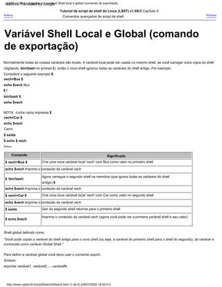 Ônibus
Carro
$ saída
$ echo $ vech
Tutorial de script de shell do Linux (LSST) v1.05r3 Capítulo 4:
Comandos avançados de script de shell
Comando
$ vech=Car $
echo $vech Imprime o conteúdo da variável vech
Sair do segundo shell retornar para o primeiro shell
$ saída
Considere o seguinte exemplo $
vech=Bus $
echo $vech Bus
$ /
bin/bash $
echo $vech
$ /bin/bash
Sintaxe:
exportar variável1, variável2,.....variávelN
Crie uma nova variável local 'vech' com Car como valor no segundo shell
NOTA: -Linha vazia impressa $
vech=Car $
echo $vech
$ vech=Bus $
echo $vech Imprime o conteúdo da variável vech
Shell global definido como:
"Você pode copiar a variável do shell antigo para o novo shell (ou seja, a variável do primeiro shell para o shell do segundo), tal variável é
conhecida como variável Global Shell."
Para definir a variável global você deve usar o comando export.
Normalmente todas as nossas variáveis são locais. A variável local pode ser usada no mesmo shell, se você carregar outra cópia do shell
(digitando /bin/bash no prompt $), então o novo shell ignorou todas as variáveis do shell antigo. Por exemplo
Agora carregue o segundo shell na memória (que ignora todas as variáveis do shell
antigo) $
echo $vech Imprima o conteúdo da variável vech
Significado
Anterior
$ echo $vech
Imprima o conteúdo da variável vech (agora você pode ver a primeira variável shell e seu valor)
Próximo
Crie uma nova variável local 'vech' com Bus como valor no primeiro shell
http://www.cyberciti.biz/pdf/lsst/ch04sec2.html (1 de 2) [29/07/2002 18:52:41]
LSST v1.05r3 > Capítulo 4 > Variável Shell local e global (comando de exportação
Variável Shell Local e Global (comando
de exportação)
Machine Translated by Google
 