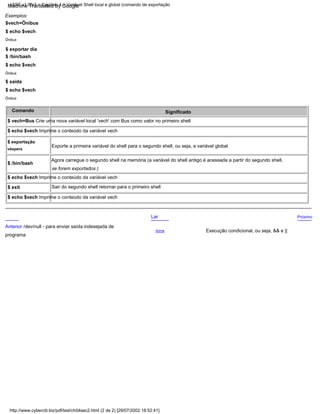 Significado
$ /bin/bash
Ônibus
$vech=Ônibus
Ônibus
se forem exportados )
Próximo
Exemplos:
$ echo $vech
Agora carregue o segundo shell na memória (a variável do shell antigo é acessada a partir do segundo shell,
Ônibus
programa
véspera
$ /bin/bash
$ echo $vech Imprime o conteúdo da variável vech
$ exit
$ echo $vech Imprime o conteúdo da variável vech
Sair do segundo shell retornar para o primeiro shell
$ exportar dia
$ vech=Bus Crie uma nova variável local 'vech' com Bus como valor no primeiro shell
$ echo $vech
$ echo $vech Imprime o conteúdo da variável vech
Comando
Execução condicional, ou seja, && e ||
Acima
Exporte a primeira variável do shell para o segundo shell, ou seja, a variável global
Lar
$ saída
$ echo $vech
$ exportação
Anterior /dev/null - para enviar saída indesejada de
http://www.cyberciti.biz/pdf/lsst/ch04sec2.html (2 de 2) [29/07/2002 18:52:41]
LSST v1.05r3 > Capítulo 4 > Variável Shell local e global (comando de exportação
Machine Translated by Google
 