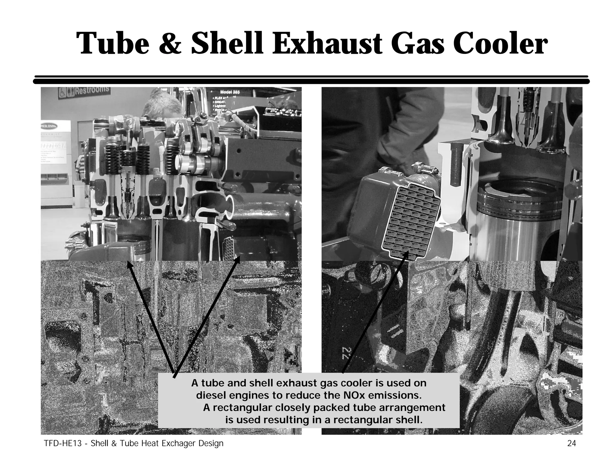 Tube & Shell Exhaust Gas Cooler




                                    A tube and shell exhaust gas cooler is used on
                                     diesel engines to reduce the NOx emissions.
                                      A rectangular closely packed tube arrangement
                                           is used resulting in a rectangular shell.

TFD-HE13 - Shell & Tube Heat Exchager Design                                           24
 