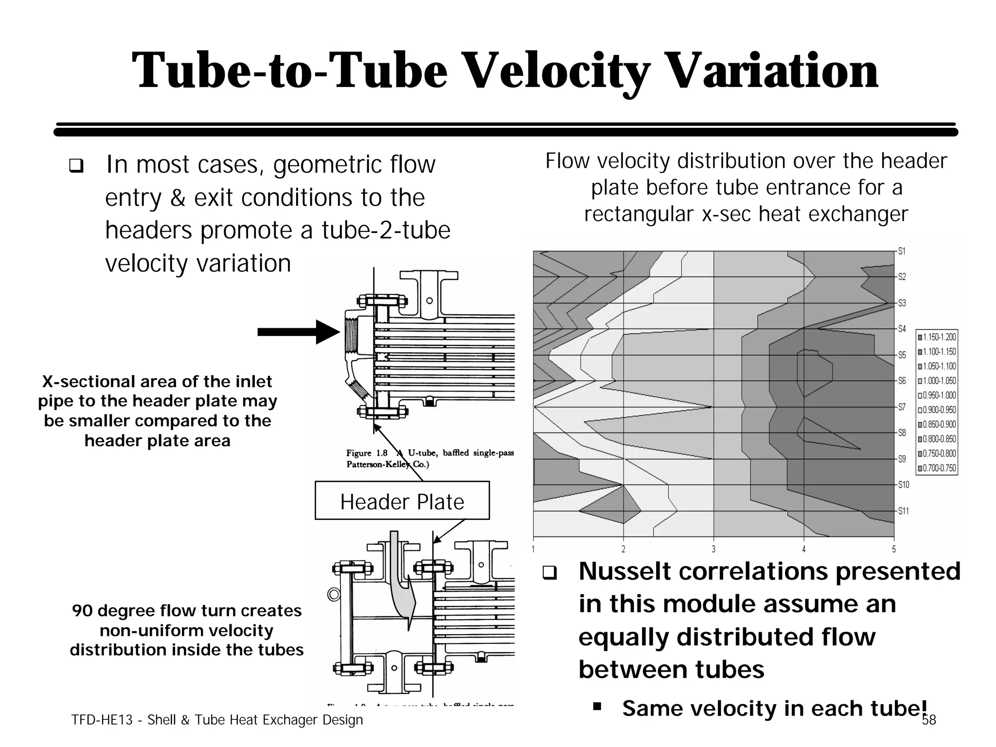 Tube-to-Tube Velocity Variation
   q     In most cases, geometric flow                     Flow velocity distribution over the header
                                                                plate before tube entrance for a
         entry & exit conditions to the
                                                               rectangular x-sec heat exchanger
         headers promote a tube-2-tube
         velocity variation



X-sectional area of the inlet
pipe to the header plate may
 be smaller compared to the
      header plate area


                                            Header Plate


                                                           q   Nusselt correlations presented
   90 degree flow turn creates                                 in this module assume an
       non-uniform velocity
   distribution inside the tubes
                                                               equally distributed flow
                                                               between tubes
    TFD-HE13 - Shell & Tube Heat Exchager Design
                                                               § Same velocity in each tube!
                                                                                           58
 