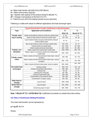 www.PDHcenter.com PDH Course M371 www.PDHonline.org
©2010 Jurandir Primo Page 13 of 35
q = Mean heat transfer rate (kW) (kJ/s) (HP) (Btu/s);
m = Mass of the product (kg) (lb);
cp = Specific heat capacity of the product (kJ/kgo
C) (Btu/(lb.°F);
dT = Change in temperature of the fluid (o
C) (°F);
t = Total time over which the heating process occurs (seconds).
Following is a table with values for different applications and heat exchanger types:
Typical Overall Heat Transfer Coefficients in Heat Exchangers
Type Application and Conditions U U
W/(m².K) Btu/(hr.ft².°F)
Tubular, heat-
ing or cooling
Gases at atmospheric pressure inside and outside tubes 5 - 35 1 - 6
Gases at high pressure inside and outside tubes 150 - 500 25 - 90
Liquid outside (inside) and gas at atmospheric pressure
inside (outside) tubes
15 - 70 3 - 15
Gas at high pressure inside and liquid outside tubes 200 - 400 35 - 70
Liquids inside and outside tubes 150 - 1200 25 - 200
Steam outside and liquid inside tubes 300 - 1200 50 - 200
Tubular, con-
densation
Steam outside and cooling water inside tubes 1500 - 4000 250 - 700
Organic vapors or ammonia outside and cooling water
inside tubes
300 - 1200 50 - 200
Tubular, evapo-
ration
Steam outside and high-viscous liquid inside tubes, natural
circulation
300 - 900 50 - 150
Steam outside and low-viscous liquid inside tubes, natural
circulation
600 - 1700 100 - 300
Steam outside and liquid inside tubes, forced circulation 900 - 3000
150 – 500
Air-cooled heat
exchangers
Cooling of water 600 - 750 100 - 130
Cooling of liquid light hydrocarbons 400 - 550 70 - 95
Cooling of tar 30 - 60 5 - 10
Cooling of air or flue gas 60 - 180 10 - 30
Cooling of hydrocarbon gas 200 - 450 35 - 80
Condensation of low pressure steam 700 - 850 125 - 150
Condensation of organic vapors 350 - 500 65 - 90
Plate heat ex-
changer
Liquid to liquid 1000 - 4000 150 - 700
Spiral heat ex-
changer
Liquid to liquid 700 - 2500 125 - 500
Condensing vapor to liquid 900 - 3500 150 - 700
Note: 1 Btu/(hr.ft2
.°F) = 5.6785 W/(m2
.K). Coefficients are based on outside bare tube surface.
4.6. Flow or Continuous Heating Processes:
The mean heat transfer can be expressed as:
q = cp.dT. m / t =
Where:
 