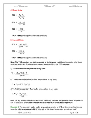 www.PDHcenter.com PDH Course M371 www.PDHonline.org
©2010 Jurandir Primo Page 21 of 35
a) Metric Units:
TDC = Ts - T1
Ts - T2
TDC = 152 - 10
152 - 60
TDC = 142
92
TDC = 1.543 (for this particular Heat Exchanger).
b) Imperial Units:
TDC = 305.6 - 50
305.6 - 140
TDC = 255.6
165.6
TDC = 1.543 (for this particular Heat Exchanger).
Note: The TDC equation can be transposed to find any one variable as long as the other three
variables are known. The following equations are derived from the TDC equation.
a) To find the steam temperature at any load:
Ts = (T2 x TDC) - T1
TDC -1
b) To find the secondary fluid inlet temperature at any load:
T1 = Ts - [TDC (Ts - T2)]
c) To find the secondary fluid outlet temperature at any load:
T2 = Ts - (Ts - T1)
TDC
Obs: For any heat exchanger with a constant secondary flow rate, the operating steam temperature
can be calculated for any combination of inlet temperature and outlet temperature.
Example 8: The secondary water outlet temperature remains at 60°C, and minimum load occurs
when the inlet temperature is 30°C. What will be the steam temperature at minimum load?
 