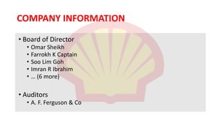 COMPANY INFORMATION
• Board of Director
• Omar Sheikh
• Farrokh K Captain
• Soo Lim Goh
• Imran R Ibrahim
• … (6 more)
• Auditors
• A. F. Ferguson & Co
 