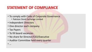 STATEMENT OF COMPLIANCE
• To comply with Code of Corporate Governance
• Pakistan Stock Exchange Limited
• Independent Directors
• One director each company
• Tax Payers
• To fill board vacancies
• No share for Director/CEO/Executive
• Auditor Committee held every quarter
• …
 