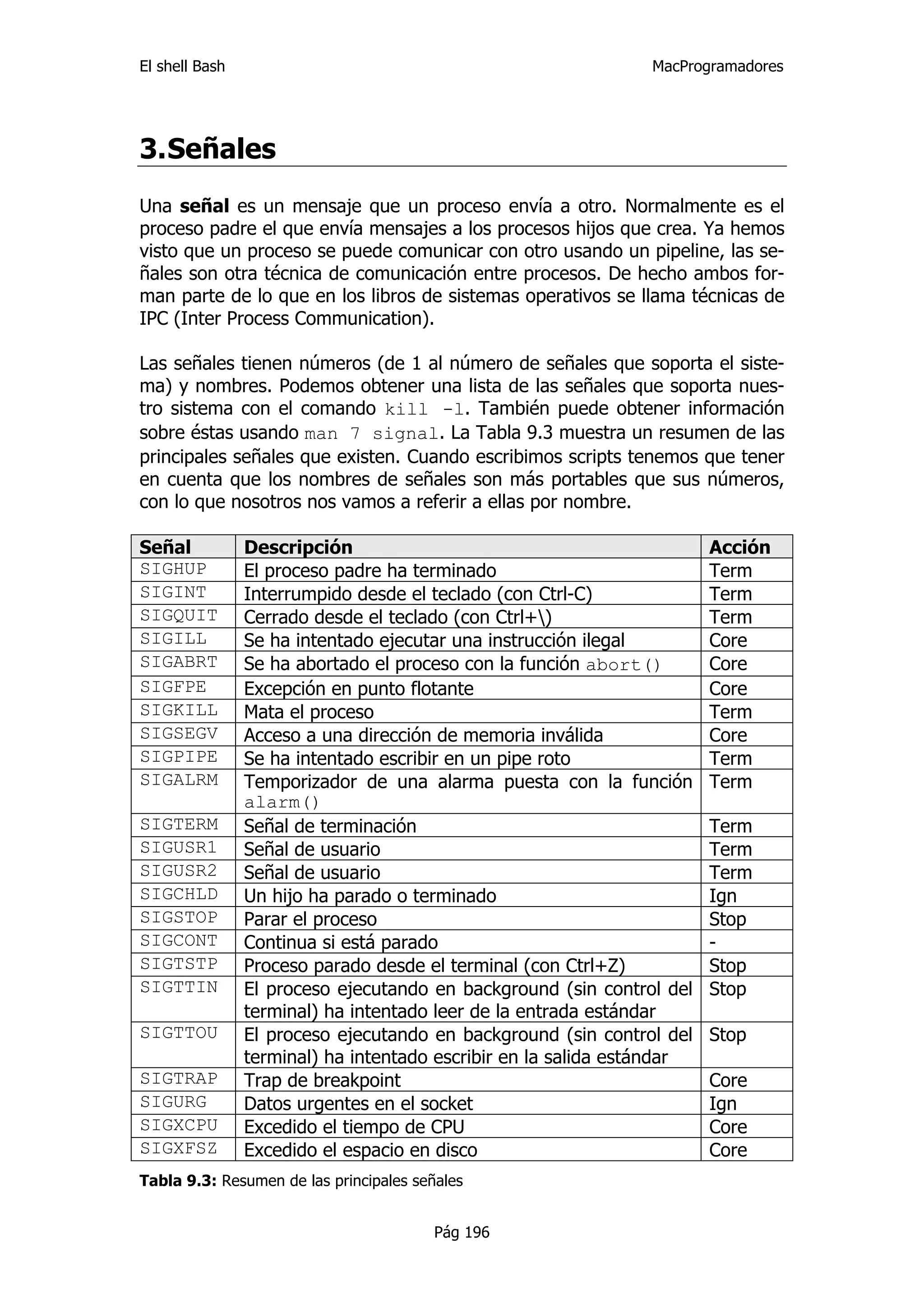 El shell Bash                                                   MacProgramadores




3. Señales
Una señal es un mensaje que un proceso envía a otro. Normalmente es el
proceso padre el que envía mensajes a los procesos hijos que crea. Ya hemos
visto que un proceso se puede comunicar con otro usando un pipeline, las se-
ñales son otra técnica de comunicación entre procesos. De hecho ambos for-
man parte de lo que en los libros de sistemas operativos se llama técnicas de
IPC (Inter Process Communication).

Las señales tienen números (de 1 al número de señales que soporta el siste-
ma) y nombres. Podemos obtener una lista de las señales que soporta nues-
tro sistema con el comando kill -l. También puede obtener información
sobre éstas usando man 7 signal. La Tabla 9.3 muestra un resumen de las
principales señales que existen. Cuando escribimos scripts tenemos que tener
en cuenta que los nombres de señales son más portables que sus números,
con lo que nosotros nos vamos a referir a ellas por nombre.

Señal           Descripción                                             Acción
SIGHUP          El proceso padre ha terminado                           Term
SIGINT          Interrumpido desde el teclado (con Ctrl-C)              Term
SIGQUIT         Cerrado desde el teclado (con Ctrl+)                   Term
SIGILL          Se ha intentado ejecutar una instrucción ilegal         Core
SIGABRT         Se ha abortado el proceso con la función abort()        Core
SIGFPE          Excepción en punto flotante                             Core
SIGKILL         Mata el proceso                                         Term
SIGSEGV         Acceso a una dirección de memoria inválida              Core
SIGPIPE         Se ha intentado escribir en un pipe roto                Term
SIGALRM         Temporizador de una alarma puesta con la función        Term
                alarm()
SIGTERM         Señal de terminación                                    Term
SIGUSR1         Señal de usuario                                        Term
SIGUSR2         Señal de usuario                                        Term
SIGCHLD         Un hijo ha parado o terminado                           Ign
SIGSTOP         Parar el proceso                                        Stop
SIGCONT         Continua si está parado                                 -
SIGTSTP         Proceso parado desde el terminal (con Ctrl+Z)           Stop
SIGTTIN         El proceso ejecutando en background (sin control del    Stop
                terminal) ha intentado leer de la entrada estándar
SIGTTOU         El proceso ejecutando en background (sin control del    Stop
                terminal) ha intentado escribir en la salida estándar
SIGTRAP         Trap de breakpoint                                      Core
SIGURG          Datos urgentes en el socket                             Ign
SIGXCPU         Excedido el tiempo de CPU                               Core
SIGXFSZ         Excedido el espacio en disco                            Core
Tabla 9.3: Resumen de las principales señales


                                         Pág 196
 