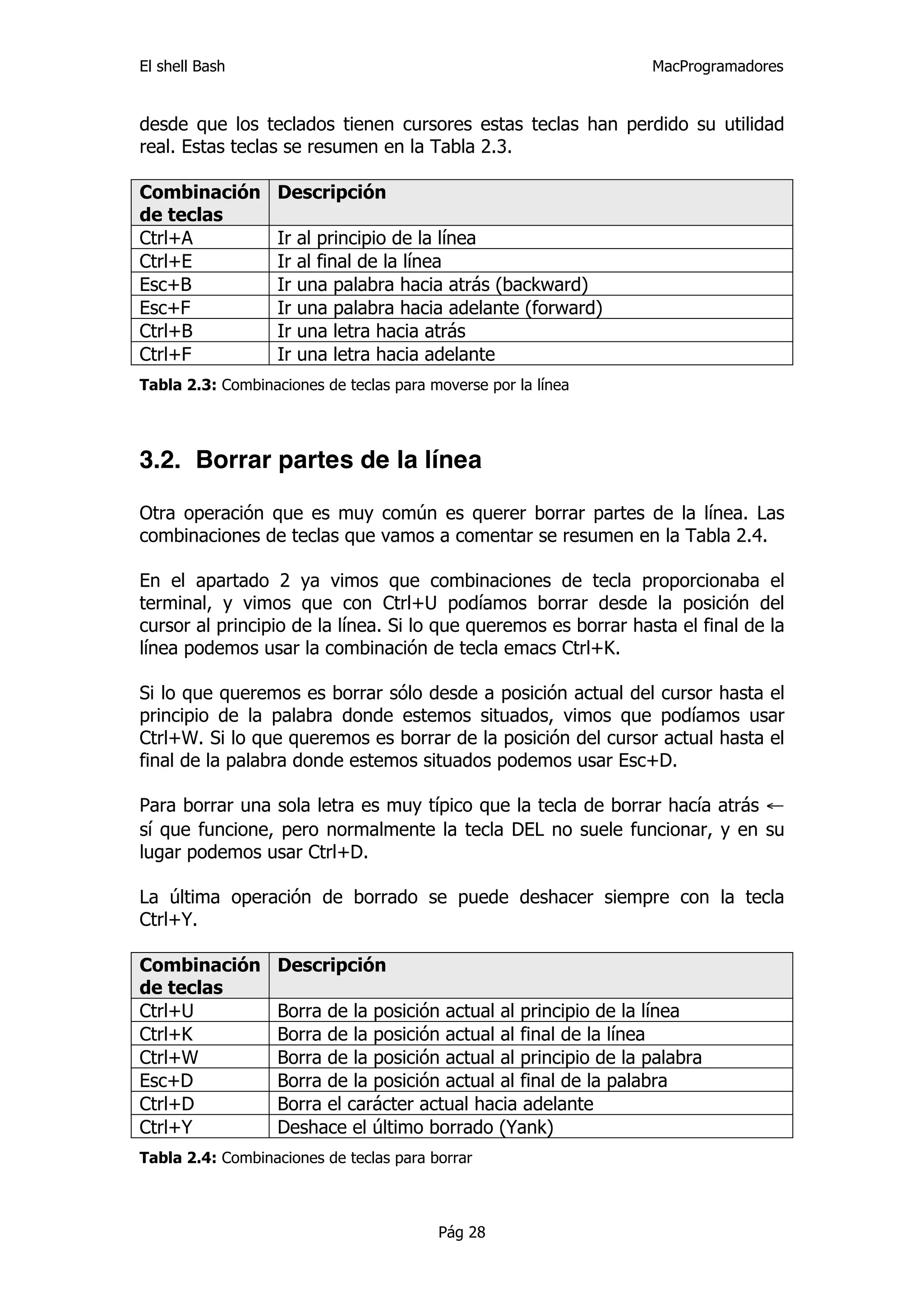 El shell Bash                                                     MacProgramadores


desde que los teclados tienen cursores estas teclas han perdido su utilidad
real. Estas teclas se resumen en la Tabla 2.3.

Combinación        Descripción
de teclas
Ctrl+A             Ir   al principio de la línea
Ctrl+E             Ir   al final de la línea
Esc+B              Ir   una palabra hacia atrás (backward)
Esc+F              Ir   una palabra hacia adelante (forward)
Ctrl+B             Ir   una letra hacia atrás
Ctrl+F             Ir   una letra hacia adelante
Tabla 2.3: Combinaciones de teclas para moverse por la línea




3.2. Borrar partes de la línea

Otra operación que es muy común es querer borrar partes de la línea. Las
combinaciones de teclas que vamos a comentar se resumen en la Tabla 2.4.

En el apartado 2 ya vimos que combinaciones de tecla proporcionaba el
terminal, y vimos que con Ctrl+U podíamos borrar desde la posición del
cursor al principio de la línea. Si lo que queremos es borrar hasta el final de la
línea podemos usar la combinación de tecla emacs Ctrl+K.

Si lo que queremos es borrar sólo desde a posición actual del cursor hasta el
principio de la palabra donde estemos situados, vimos que podíamos usar
Ctrl+W. Si lo que queremos es borrar de la posición del cursor actual hasta el
final de la palabra donde estemos situados podemos usar Esc+D.

Para borrar una sola letra es muy típico que la tecla de borrar hacía atrás ←
sí que funcione, pero normalmente la tecla DEL no suele funcionar, y en su
lugar podemos usar Ctrl+D.

La última operación de borrado se puede deshacer siempre con la tecla
Ctrl+Y.

Combinación        Descripción
de teclas
Ctrl+U             Borra de la posición actual al principio de la línea
Ctrl+K             Borra de la posición actual al final de la línea
Ctrl+W             Borra de la posición actual al principio de la palabra
Esc+D              Borra de la posición actual al final de la palabra
Ctrl+D             Borra el carácter actual hacia adelante
Ctrl+Y             Deshace el último borrado (Yank)
Tabla 2.4: Combinaciones de teclas para borrar



                                         Pág 28
 