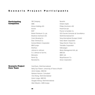 S c e n a r i o    P r o j e c t          P a r t i c i p a n t s




Participating         3M Company                                  Novartis
Companies             ABB                                         Ontario Hydro
                      Anova Holdings AG                           Philips Electronics NV
                      Avenor                                      PowerGen plc
                      BHP                                         Procter & Gamble Co.
                      British Petroleum Co. plc                   SGS Societe Generale de Surveillance
                      Brodrene Hartmann A/S                       Shell International B.V
                      Coors Brewing Co.                           Sony International (Europe) GmbH
                      Dow Chemical Co.                            Swiss Bank Corporation
                      General Motors Corporation                  Tokyo Electric Power Co.
                      IBM Europe                                  TransAlta Corporation
                      Interface                                   Volkswagen
                      Johnson & Johnson                           Waste Management Intl. plc
                      S C Johnson & Son Inc.                      WBCSD
                      Monsanto                                    WMC Ltd.
                      Neste Oy                                    Weyerhaeuser Co.
                      Noranda Inc.                                Xerox Corporation



Scenario Project      Ged Davis, Shell International
Core Team             Betty Sue Flowers, University of Texas at Austin
                      Ulrich Golüke, WBCSD
                      Barbara Heinzen, Consultant
                      Cho Khong, Shell International
                      Karen Länge, WBCSD
                      Douglas McKay, Shell International
                      Alain Wouters, GBN Europe


                      28
 