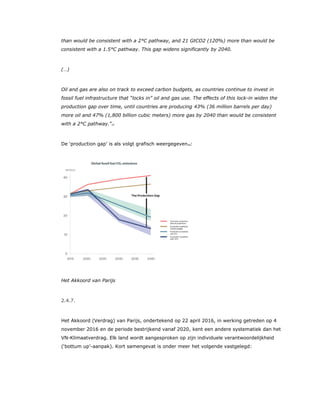 than would be consistent with a 2°C pathway, and 21 GtCO2 (120%) more than would be
consistent with a 1.5°C pathway. This gap widens significantly by 2040.
(…)
Oil and gas are also on track to exceed carbon budgets, as countries continue to invest in
fossil fuel infrastructure that “locks in” oil and gas use. The effects of this lock-in widen the
production gap over time, until countries are producing 43% (36 million barrels per day)
more oil and 47% (1,800 billion cubic meters) more gas by 2040 than would be consistent
with a 2°C pathway.”17
De ‘production gap’ is als volgt grafisch weergegeven18:
Het Akkoord van Parijs
2.4.7.
Het Akkoord (Verdrag) van Parijs, ondertekend op 22 april 2016, in werking getreden op 4
november 2016 en de periode bestrijkend vanaf 2020, kent een andere systematiek dan het
VN-Klimaatverdrag. Elk land wordt aangesproken op zijn individuele verantwoordelijkheid
(‘bottum up’-aanpak). Kort samengevat is onder meer het volgende vastgelegd:
 