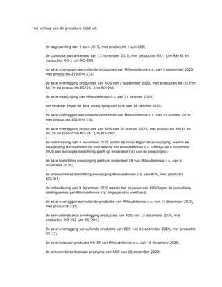 Het verloop van de procedure blijkt uit:
​ -
de dagvaarding van 5 april 2019, met producties 1 t/m 269;
​ -
de conclusie van antwoord van 13 november 2019, met producties RK-1 t/m RK-30 en
producties RO-1 t/m RO-250;
​ -
de akte overleggen aanvullende producties van Milieudefensie c.s. van 2 september 2020,
met producties 270 t/m 331;
​ -
de akte overlegging producties van RDS van 2 september 2020, met producties RK-31 t/m
RK-34 en producties RO-251 t/m RO-260;
​ -
de akte eiswijziging van Milieudefensie c.s. van 21 oktober 2020;
​ -
het bezwaar tegen de akte eiswijziging van RDS van 28 oktober 2020;
​ -
de akte overleggen aanvullende producties van Milieudefensie c.s. van 29 oktober 2020,
met producties 332 t/m 336;
​ -
de akte overlegging producties van RDS van 30 oktober 2020, met producties RK-35 en
RK-36 en producties RO-261 t/m RO-280;
​ -
de rolbeslissing van 4 november 2020 op het bezwaar tegen de eiswijziging, waarin de
eiswijziging is toegelaten op voorwaarde dat Milieudefensie c.s. uiterlijk op 6 november
2020 een beknopte toelichting geeft op onderdeel l(a) van de eiswijziging;
​ -
de akte toelichting eiswijziging petitum onderdeel 1A van Milieudefensie c.s. van 6
november 2020;
​ -
de antwoordakte toelichting eiswijziging Milieudefensie c.s. van RDS, met productie
RO-281;
​ -
de rolbeslissing van 9 december 2020 waarin het bezwaar van RDS tegen de subsidiaire
stellingnames van Milieudefensie c.s. ongegrond is verklaard;
​ -
de akte overleggen aanvullende productie van Milieudefensie c.s. van 11 december 2020,
met productie 337;
​ -
de aanvullende akte overlegging producties van RDS van 15 december 2020, met
producties RO-282 t/m RO-284;
​ -
de akte overlegging aanvullende productie van RDS van 16 december 2020, met productie
RK-37;
​ -
de akte bezwaar productie RK-37 van Milieudefensie c.s. van 16 december 2020;
​ -
de antwoordakte bezwaar productie van RDS van 16 december 2020;
 