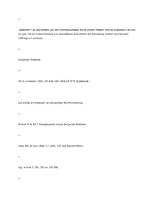 27
‘Upstream’: de activiteiten van een oliemaatschappij die te maken hebben met de exploratie van olie
en gas. Dit ter onderscheiding van downstream activiteiten die betrekking hebben op transport,
raffinage en verkoop.
28
Burgerlijk Wetboek.
29
HR 5 november 1965, ECLI:NL:HR:1965:AB7079 (Kelderluik).
30
Zie artikel 23 Wetboek van Burgerlijke Rechtsvordering.
31
Artikel 119a lid 1 Overgangswet nieuw Burgerlijk Wetboek.
32
Verg. HR 27 juni 1986, NJ 1987, 743 (De Nieuwe Meer).
33
Vgl. artikel 3:296, 302 en 303 BW.
34
 