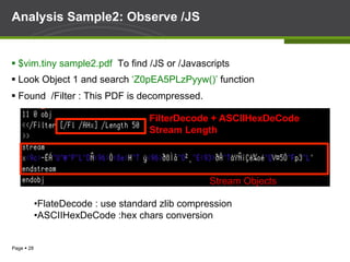 Page § 28
Analysis Sample2: Observe /JS
§ $vim.tiny sample2.pdf To find /JS or /Javascripts
§ Look Object 1 and search ‘Z0pEA5PLzPyyw()’ function
§ Found /Filter : This PDF is decompressed.
FilterDecode + ASCIIHexDeCode
Stream Length
Stream Objects
• FlateDecode : use standard zlib compression
• ASCIIHexDeCode :hex chars conversion
 