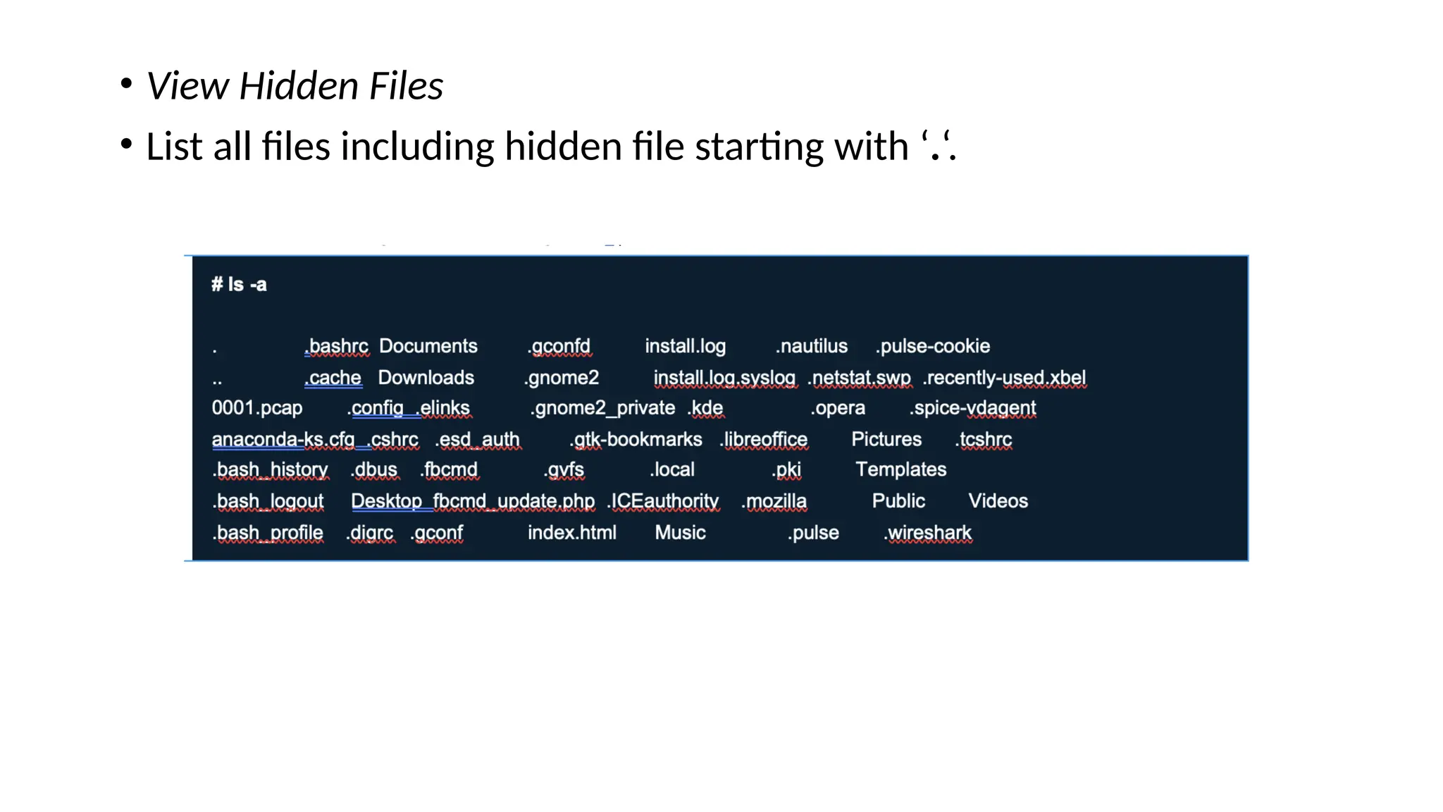 • View Hidden Files
• List all files including hidden file starting with ‘.‘.
 