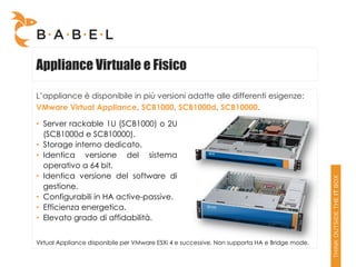 Appliance Virtuale e Fisico

L’appliance è disponibile in più versioni adatte alle differenti esigenze:
VMware Virtual Appliance, SCB1000, SCB1000d, SCB10000.

• Server rackable 1U (SCB1000) o 2U
  (SCB1000d e SCB10000).
• Storage interno dedicato.
• Identica versione del sistema
  operativo a 64 bit.
• Identica versione del software di
  gestione.
• Configurabili in HA active-passive.
• Efficienza energetica.
• Elevato grado di affidabilità.


Virtual Appliance disponibile per VMware ESXi 4 e successive. Non supporta HA e Bridge mode.
 