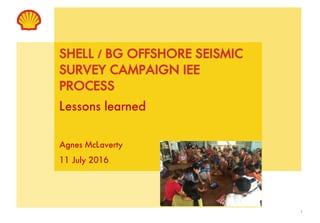 1
SHELL / BG OFFSHORE SEISMIC
SURVEY CAMPAIGN IEE
PROCESS
Lessons learned
Agnes McLaverty
11 July 2016
 