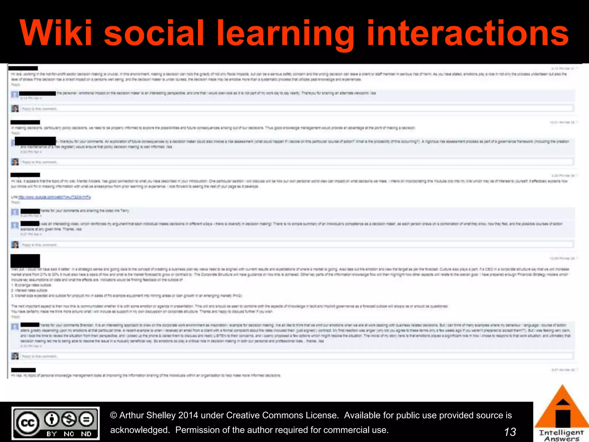Wiki social learning interactions 
© Arthur Shelley 2014 under Creative Commons License. Available for public use provided source is 
acknowledged. Permission of the author required for commercial use. 
13 
 