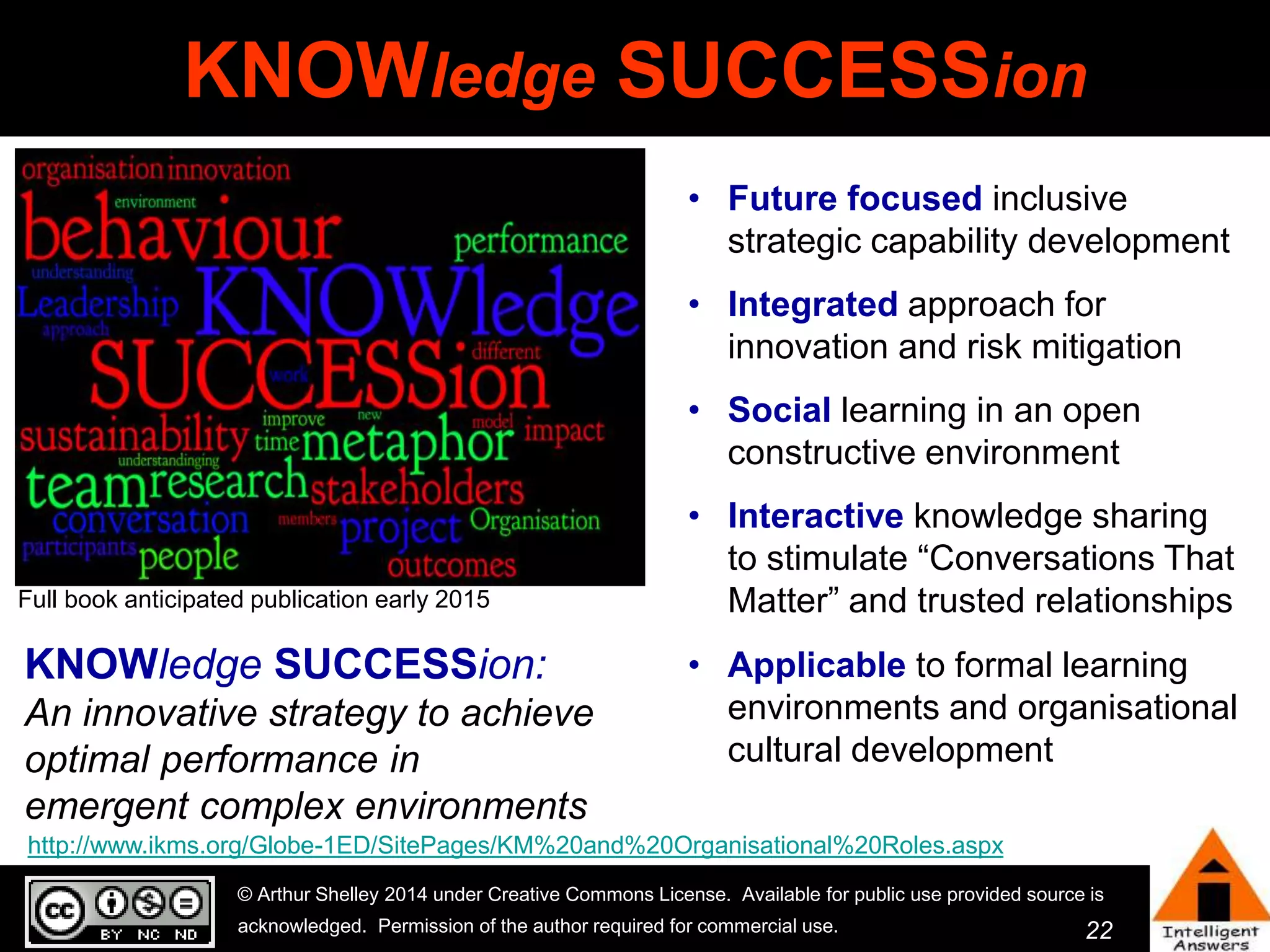 KNOWledge SUCCESSion 
• Future focused inclusive 
strategic capability development 
• Integrated approach for 
innovation and risk mitigation 
• Social learning in an open 
constructive environment 
• Interactive knowledge sharing 
to stimulate “Conversations That 
Matter” and trusted relationships 
• Applicable to formal learning 
environments and organisational 
cultural development 
Full book anticipated publication early 2015 
© Arthur Shelley 2014 under Creative Commons License. Available for public use provided source is 
acknowledged. Permission of the author required for commercial use. 
22 
KNOWledge SUCCESSion: 
An innovative strategy to achieve 
optimal performance in 
emergent complex environments 
http://www.ikms.org/Globe-1ED/SitePages/KM%20and%20Organisational%20Roles.aspx 
 