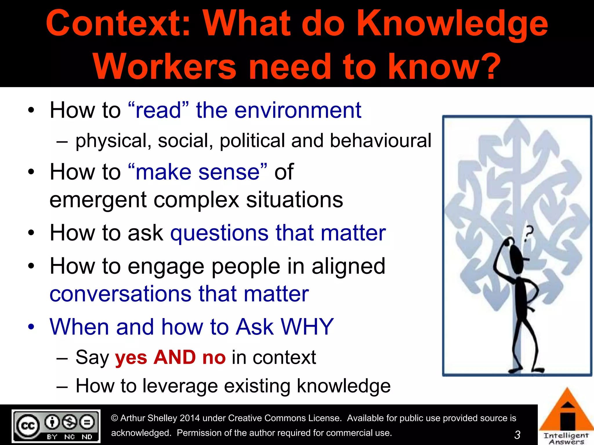 Context: What do Knowledge 
3 
Workers need to know? 
• How to “read” the environment 
– physical, social, political and behavioural 
• How to “make sense” of 
emergent complex situations 
• How to ask questions that matter 
• How to engage people in aligned 
conversations that matter 
• When and how to Ask WHY 
– Say yes AND no in context 
– How to leverage existing knowledge 
© Arthur Shelley 2014 under Creative Commons License. Available for public use provided source is 
acknowledged. Permission of the author required for commercial use. 
 