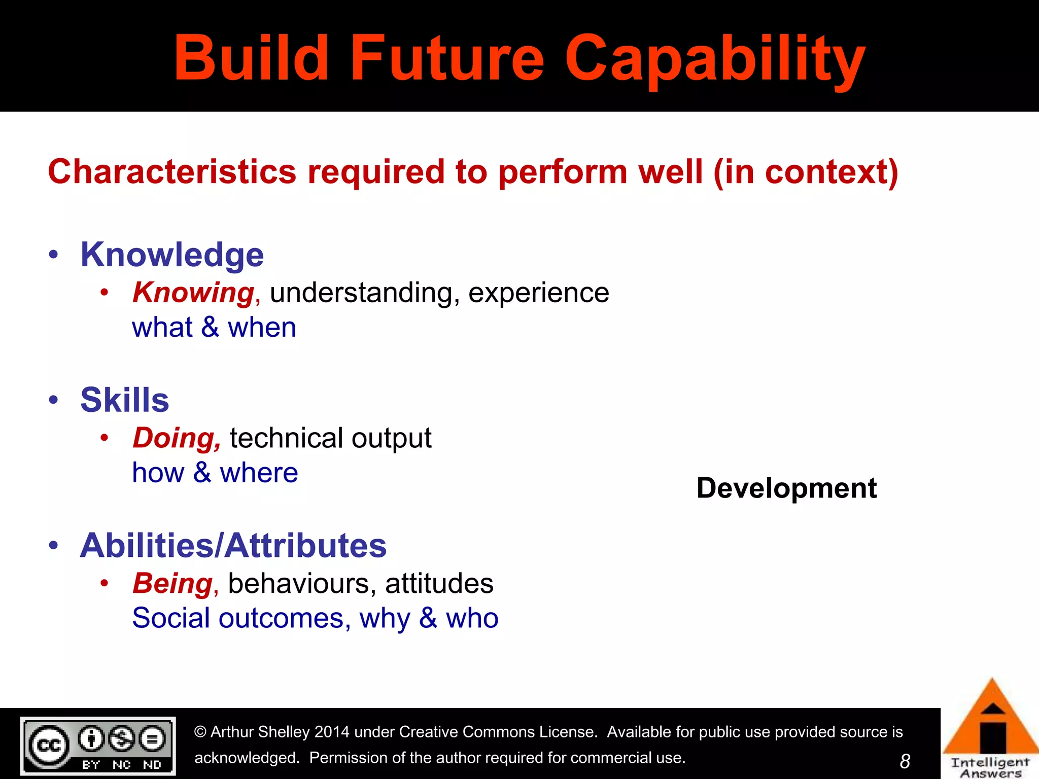 Characteristics required to perform well (in context) 
8 
Build Future Capability 
• Knowledge 
• Knowing, understanding, experience 
what & when 
© Arthur Shelley 2014 under Creative Commons License. Available for public use provided source is 
acknowledged. Permission of the author required for commercial use. 
• Skills 
• Doing, technical output 
how & where 
• Abilities/Attributes 
• Being, behaviours, attitudes 
Social outcomes, why & who 
Development 
 