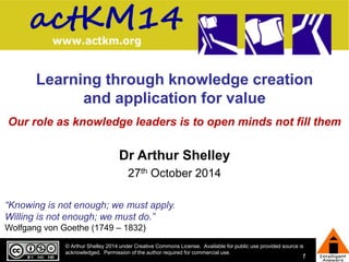 actKM14 
Learning through knowledge creation 
© Arthur Shelley 2014 under Creative Commons License. Available for public use provided source is 
acknowledged. Permission of the author required for commercial use. 
1 
and application for value 
Our role as knowledge leaders is to open minds not fill them 
Dr Arthur Shelley 
27th October 2014 
“Knowing is not enough; we must apply. 
Willing is not enough; we must do.” 
Wolfgang von Goethe (1749 – 1832) 
 