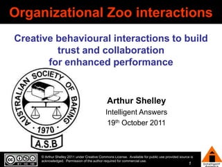 Organizational Zoo interactions
Creative behavioural interactions to build
         trust and collaboration
       for enhanced performance


                                              Arthur Shelley
                                              Intelligent Answers
                                               19th October 2011



     © Arthur Shelley 2011 under Creative Commons License. Available for public use provided source is
     acknowledged. Permission of the author required for commercial use.
                                                                                                   1
 