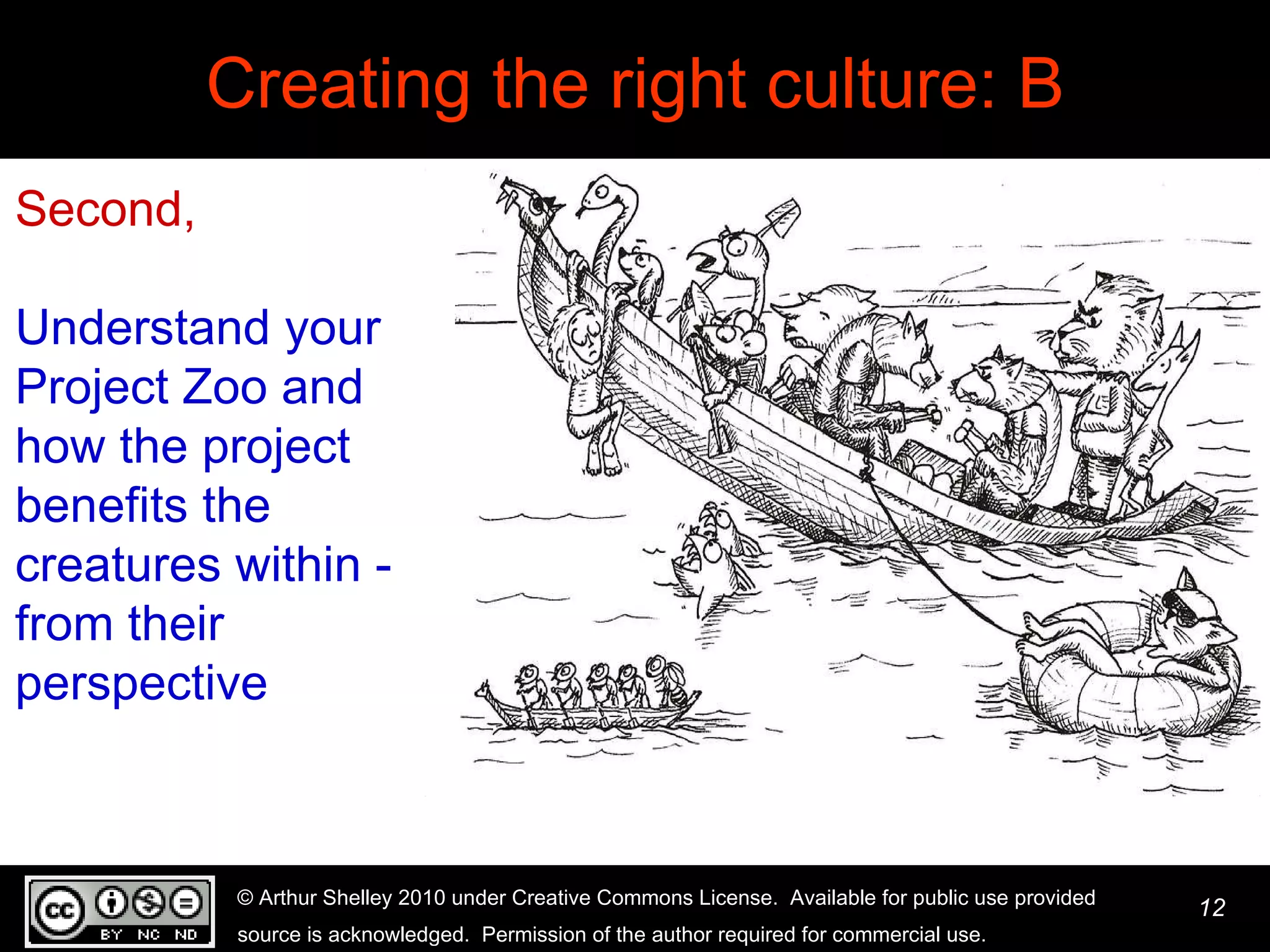Creating the right culture: B Second,   Understand your Project Zoo and how the project benefits the creatures within - from their perspective 