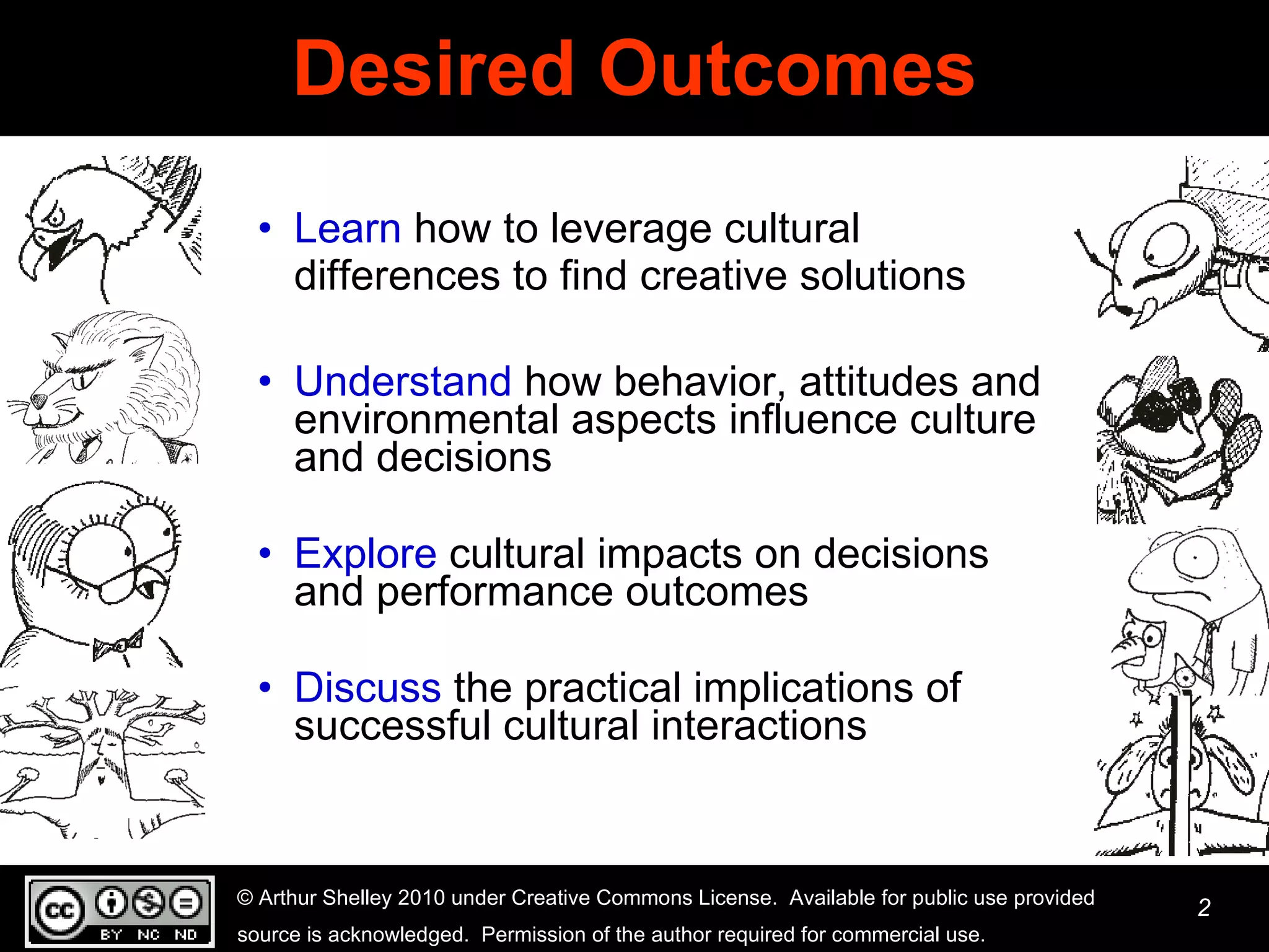 Desired Outcomes Learn  how to leverage cultural differences to find creative solutions Understand  how behavior, attitudes and environmental aspects influence culture and decisions Explore  cultural impacts on decisions and performance outcomes Discuss  the practical implications of successful cultural interactions 