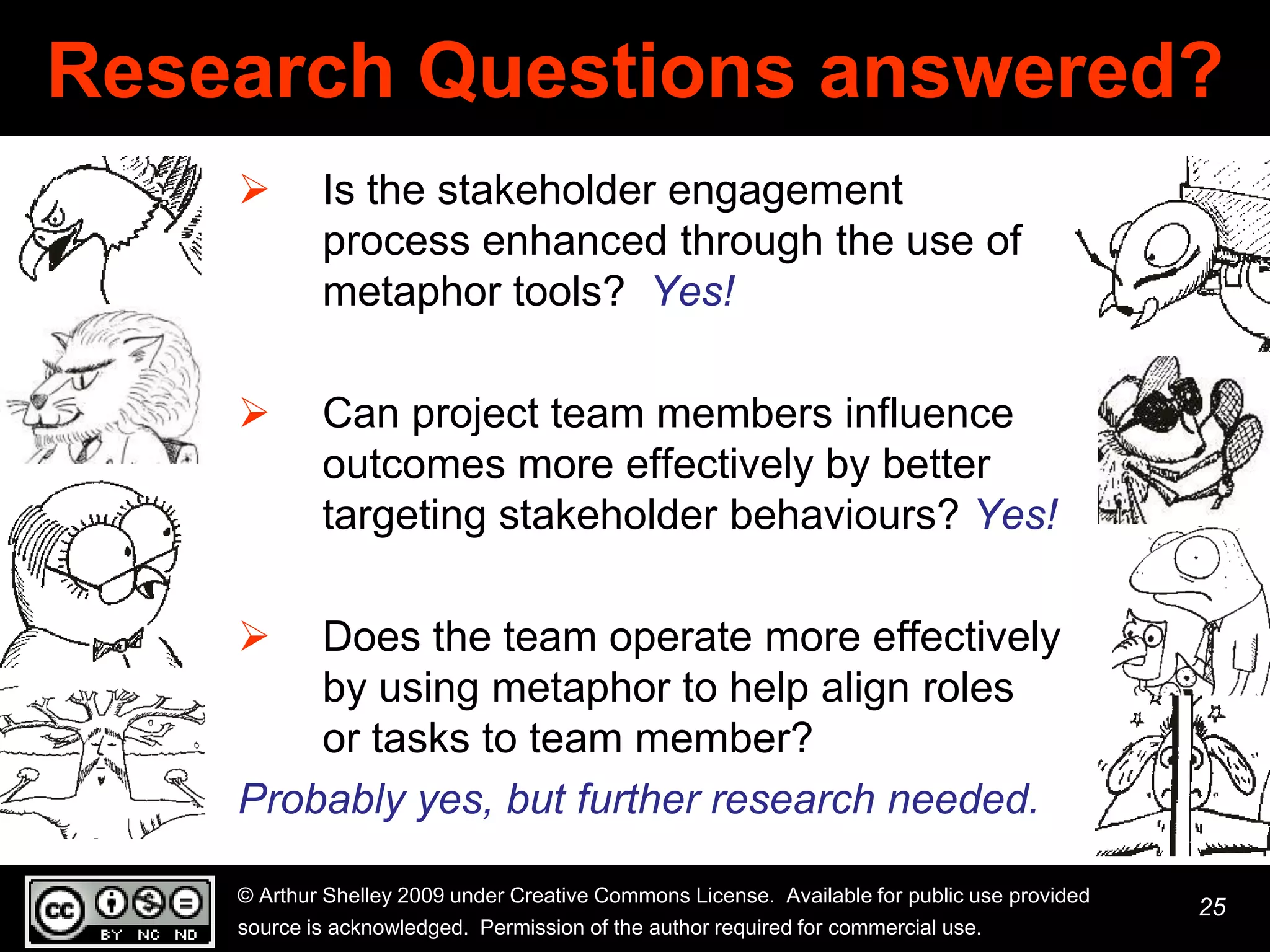 Research Questions answered?
           Is the stakeholder engagement
            process enhanced through the use of
            metaphor tools? Yes!

           Can project team members influence
            outcomes more effectively by better
            targeting stakeholder behaviours? Yes!

       Does the team operate more effectively
        by using metaphor to help align roles
        or tasks to team member?
    Probably yes, but further research needed.

    © Arthur Shelley 2009 under Creative Commons License. Available for public use provided
                                                                                              25
    source is acknowledged. Permission of the author required for commercial use.
 