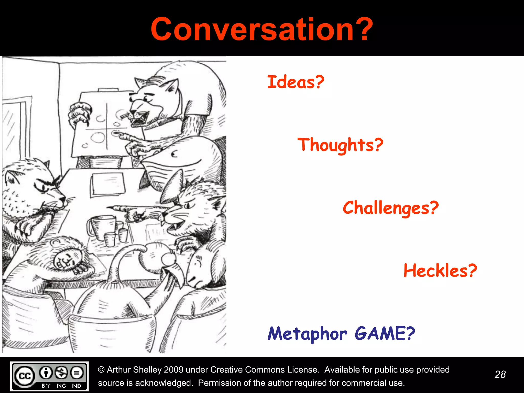 Conversation?
                                          Ideas?


                                                 Thoughts?


                                                             Challenges?


                                                                            Heckles?


                                          Metaphor GAME?
© Arthur Shelley 2009 under Creative Commons License. Available for public use provided
                                                                                          28
source is acknowledged. Permission of the author required for commercial use.
 