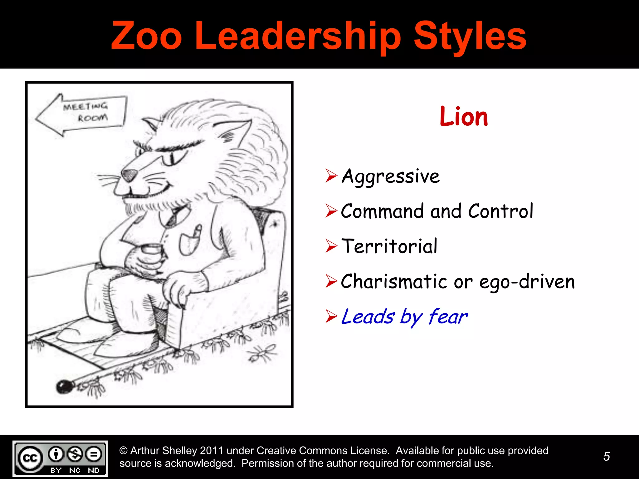 Zoo Leadership Styles
                                                                Lion

                                         Aggressive
                                         Command and Control
                                         Territorial
                                         Charismatic or ego-driven
                                          Leads by fear




© Arthur Shelley 2011 under Creative Commons License. Available for public use provided
source is acknowledged. Permission of the author required for commercial use.
                                                                                          5
 