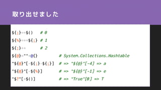 取り出せました
${;}=+$() # 0
${%}=++${;} # 1
${;}++ # 2
${@}=""+@{} # System.Collections.Hashtable
"${@}"[-${;}-${;}] # => "${@}"[-4] => a
"${@}"[-${%}] # => "${@}"[-1] => e
"$?"[+$()] # => "True"[0] => T
 