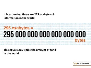 It is estimated there are 295 exabytes of 
information in the world 
This equals 315 times the amount of sand 
in the world 
 