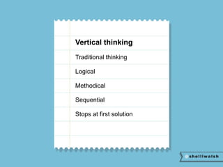 Vertical thinking 
Traditional thinking 
Logical 
Methodical 
Sequential 
Stops at first solution 
 