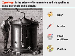 Zymology: is the science of fermentation and it’s applied to
make materials and molecules
!
"
#
$
Beer
Insulin
Food
additives
Plastics
 
