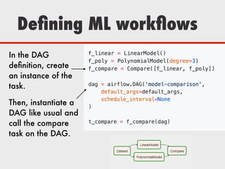 Deﬁning ML workﬂows
In the DAG
deﬁnition, create
an instance of the
task.
Then, instantiate a
DAG like usual and
call the compare
task on the DAG.
 