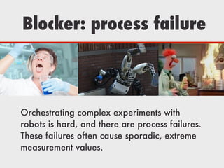 Blocker: process failure
Orchestrating complex experiments with
robots is hard, and there are process failures.
These failures often cause sporadic, extreme
measurement values.
 