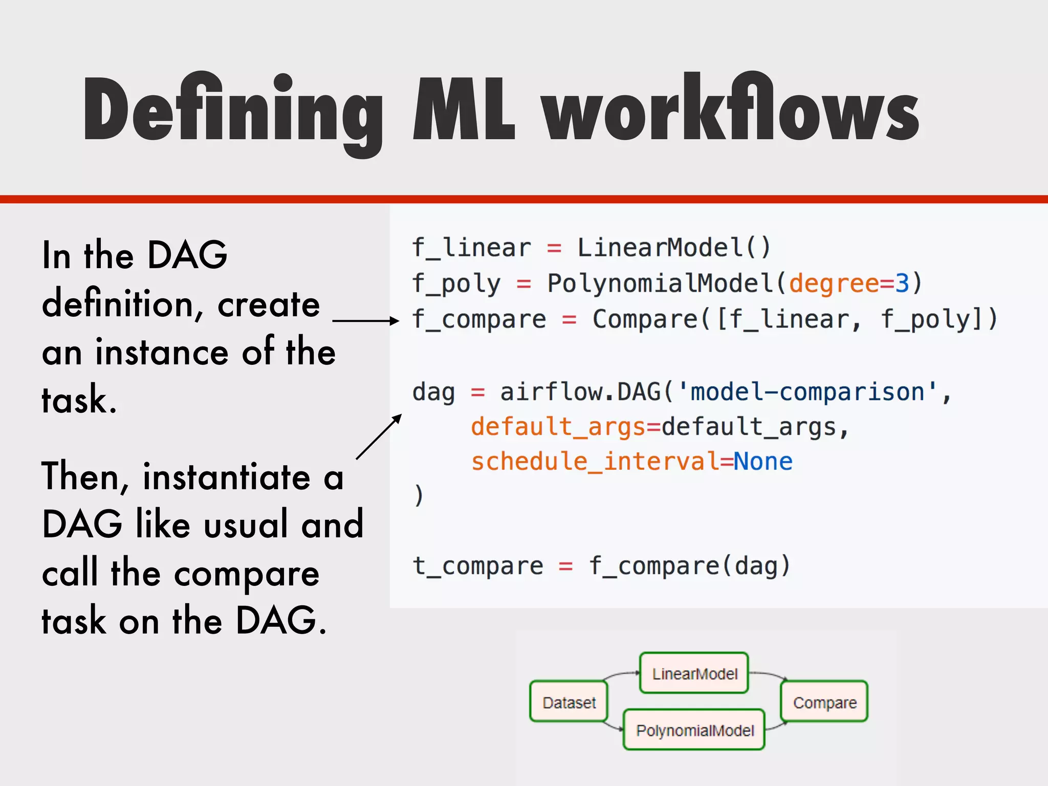Deﬁning ML workﬂows
In the DAG
deﬁnition, create
an instance of the
task.
Then, instantiate a
DAG like usual and
call the compare
task on the DAG.
 